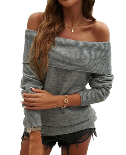 Aokivvy Off The Shoulder Sweater for Women 2025 Knitted Folded Over Long Sleeve Pullover Sweaters(Grey S) | Amazon (US)