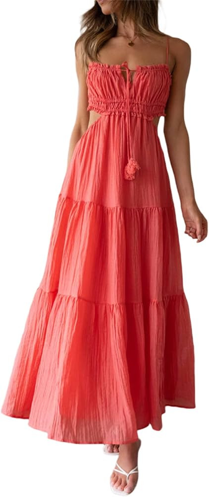 Women Y2k Low Cut Spaghetti Strap Dress Bodycon Backless Maxi Dress Casual Beach Clubwear | Amazon (US)