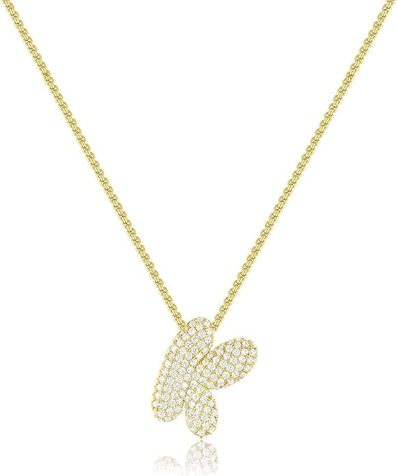 KissYan Bubble Letter Necklace, 14K Gold Plated Balloon Initial Pendant Box Chain Necklace Dainty... | Amazon (US)