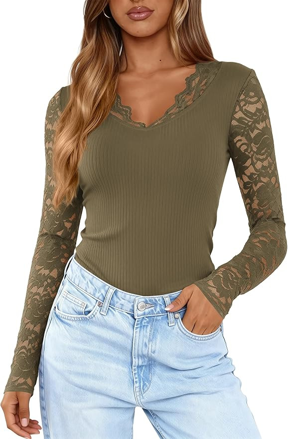 MASCOMODA Spring Lace Long Sleeve Tops for Women Trendy Slim Fitted V Neck Knit Going Out Outfits... | Amazon (US)