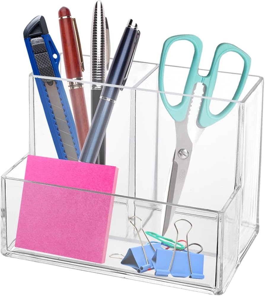 Zbtezna Pen Holder, Clear Acrylic Makeup Brush Holder, Pencil Holder for Desk with Sticky Notes H... | Amazon (US)