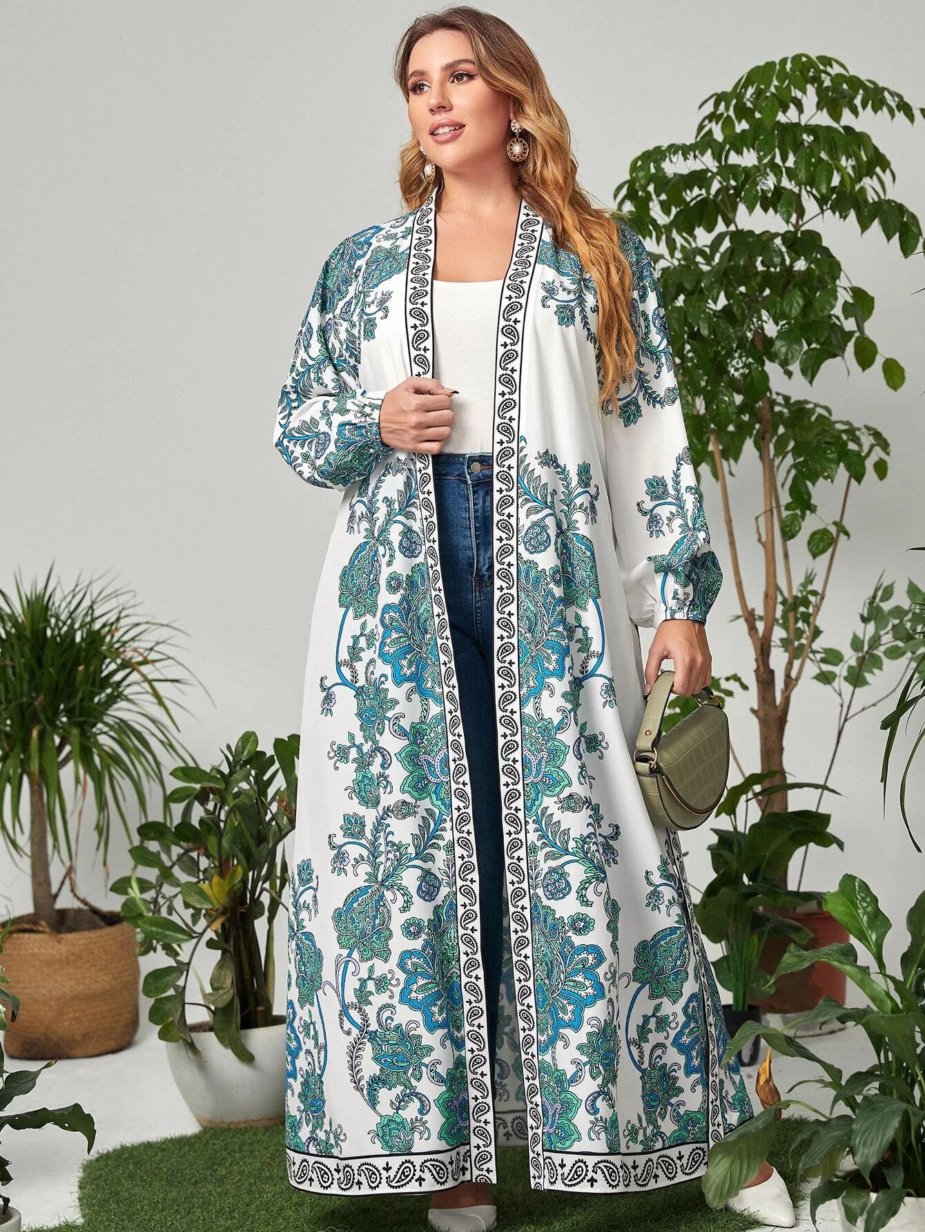 SHEIN Plus Paisley & Floral Print Lantern Sleeve Abaya | SHEIN