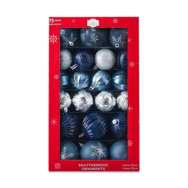 Blue & Silver Shatterproof Christmas Ball Ornaments, 9.5 in, 75 Count, by Holiday Time | Walmart (US)