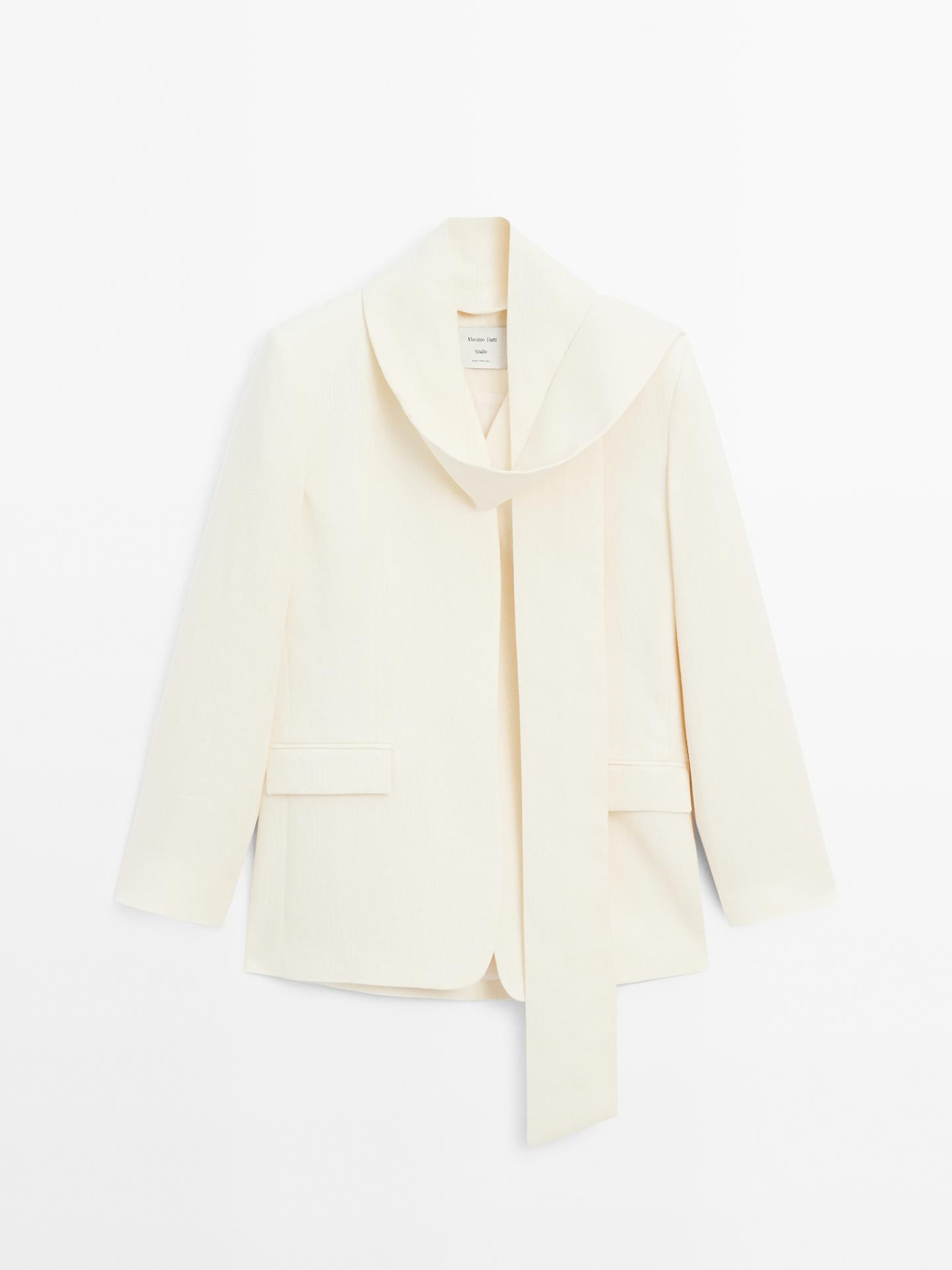 100% linen cropped blazer with scarf detail - STUDIO | Massimo Dutti US
