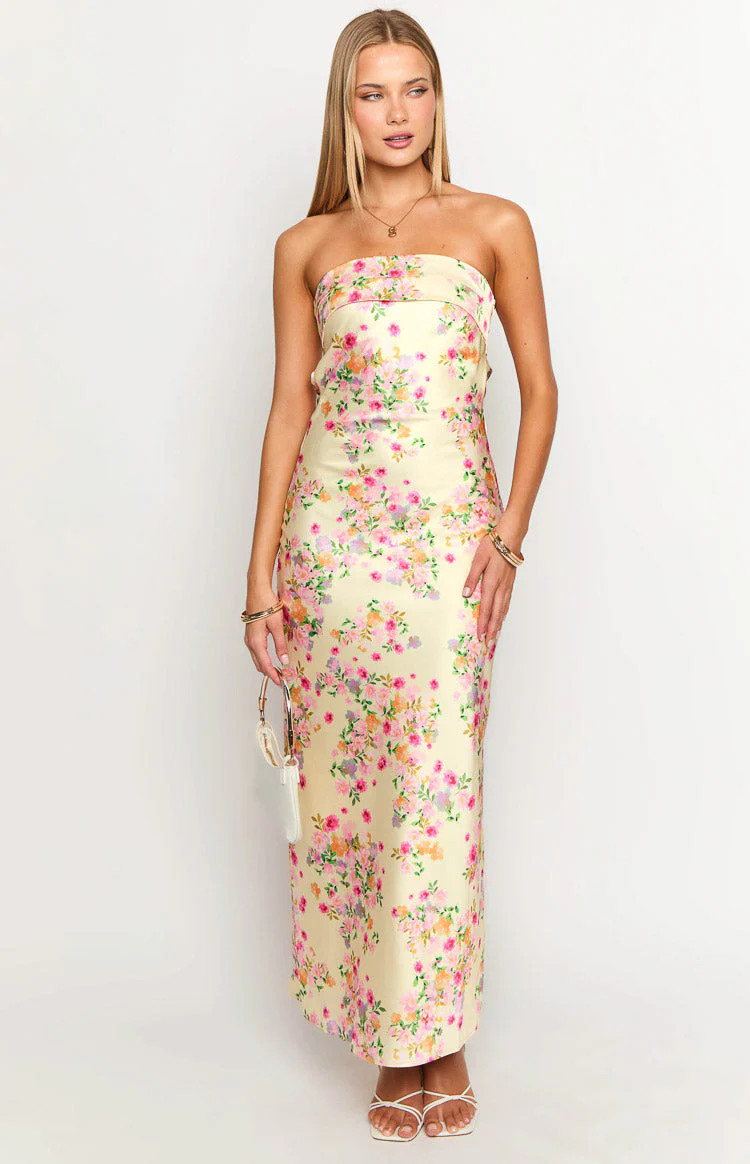 Maiah Yellow Bloom Maxi Dress | Beginning Boutique (US)