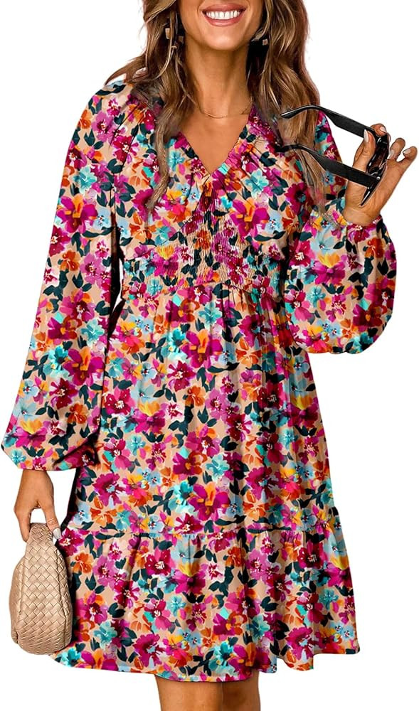 Dokotoo Spring Dresses for Women 2026 Boho Floral V Neck Long Sleeve Smocked Elastic Waist Casual... | Amazon (US)