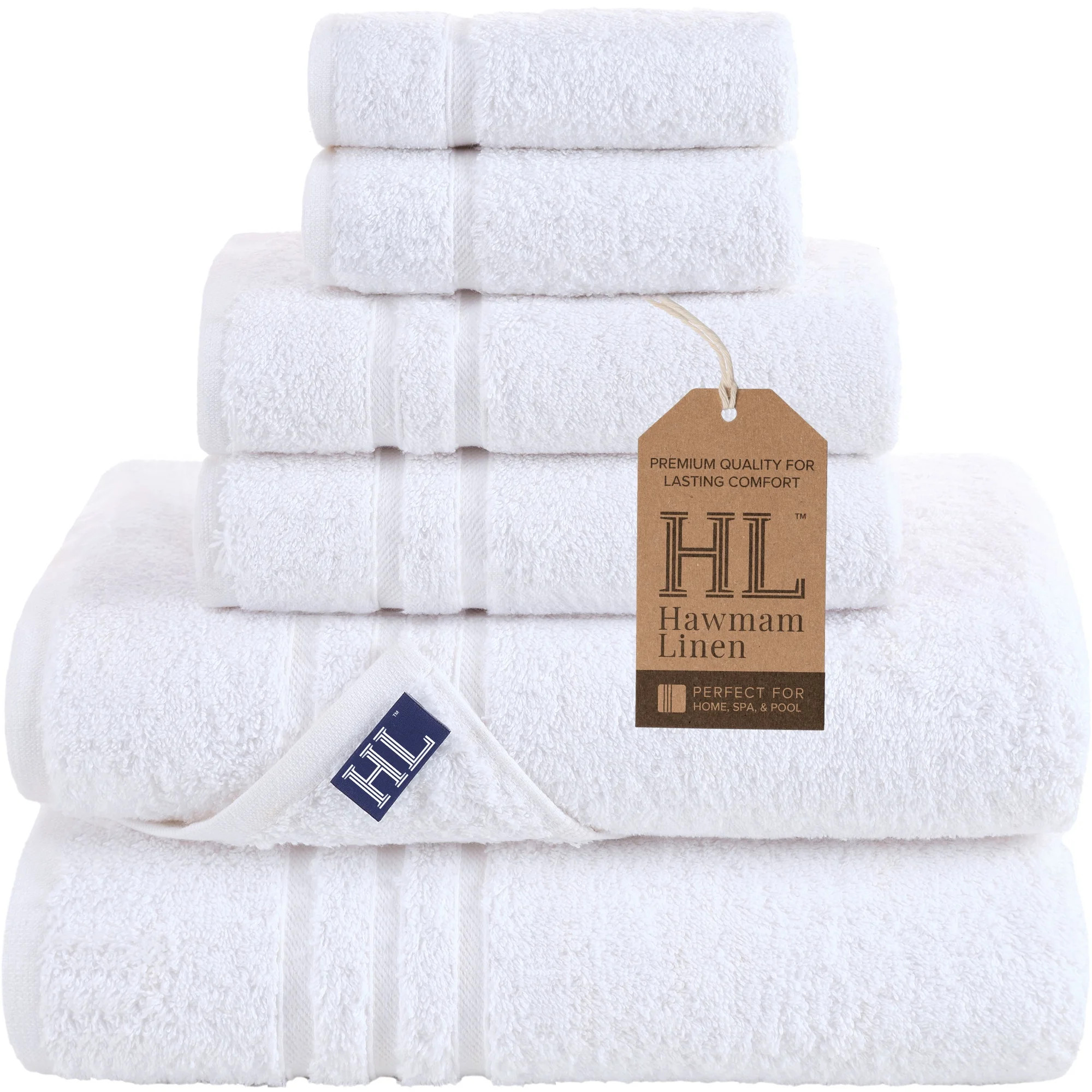 Hawmam Linen White 6 Piece Towel Set - Luxury 100% Turkish Cotton, Soft Plush & Absorbent Bath To... | Walmart (US)