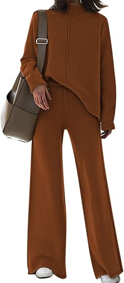 Meenew Women's High Neck 2 Piece Sweatsuit Long Sleeve Knit Sweater Tops Wide Leg Pants Set Outfi... | Amazon (US)