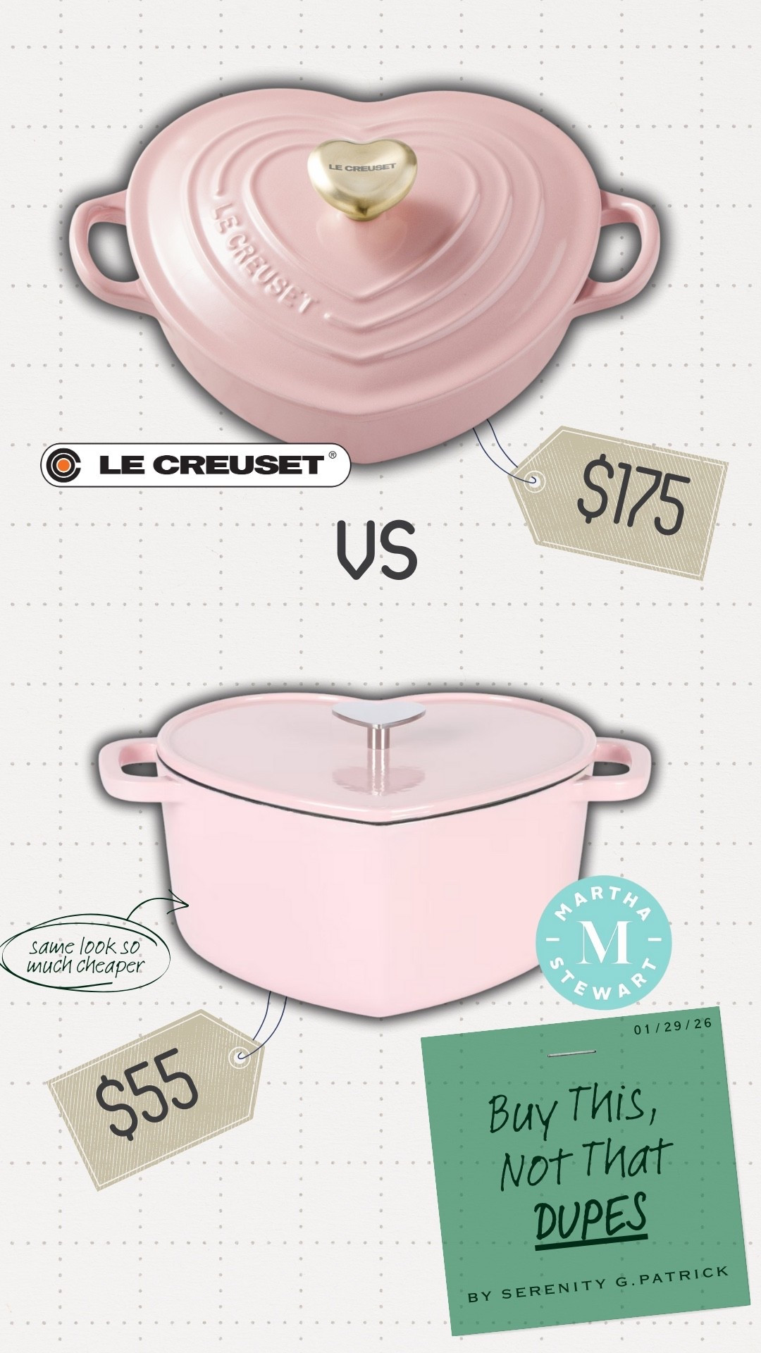 We all like to look bougie on a budget, and dupes are the new way to get the look in an inexpensive way. The new kitchen trend heart shaped pink Dutch ovens. While we may all want that look of our cookware, I found a dupe from the for a literal fraction of the cost. While there are some slight difference between the two brands, for an over $120 in savings you can’t beat the price. 

(January 29, 2026)

#LTKOver40 #LTKHome #LTKfoodie