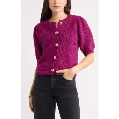 caslon(r) Puff Sleeve Textured Cotton Cardigan in Navy Still at Nordstrom, Size Medium | Nordstrom