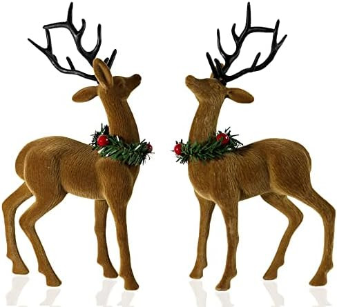 2pcs Velvet Reindeer Christmas Decorations, Flocking Christmas Reindeer Figurines with Red Berry ... | Amazon (US)