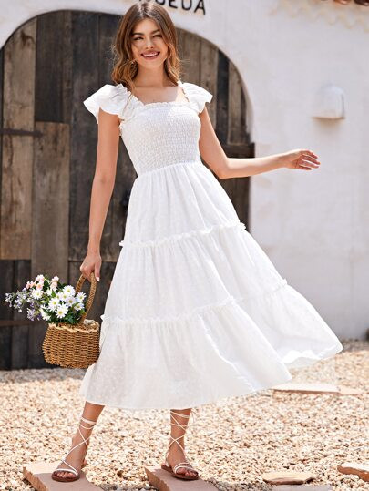 SHEIN Frill Trim Shirred Bodice Layered Hem Schiffy Dress | SHEIN