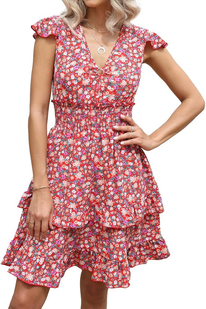 PRETTYGARDEN Women’s Boho V Neck Mini Dress Ruffle Sleeve Layered Ditsy Floral Dress Cute Smock... | Amazon (US)