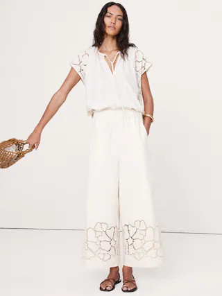 The Pull-On Wide-Leg Ankle Pant in Embroidered Poplin | Banana Republic (CA)