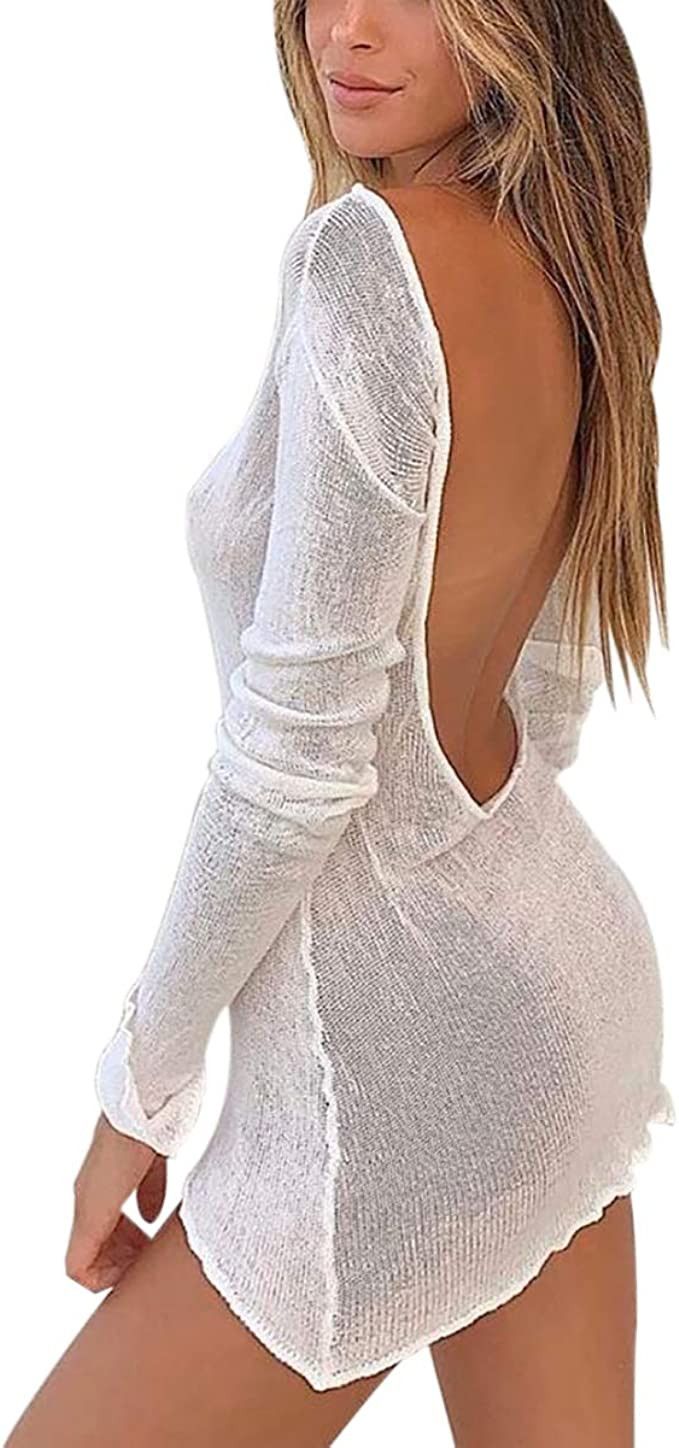 Sdencin See Through Thin Knitted Beachwear Sheer Mini Dress,Sexy Solid Backless Bikini Cover Up L... | Amazon (US)