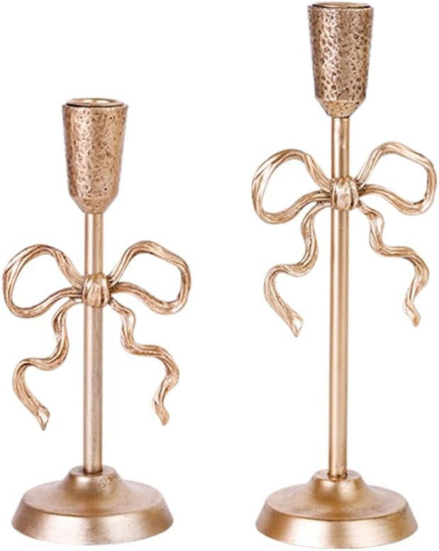 Gold Bow-Knot Taper Candle Holder Set of 2,Pillar Candle Holders Decorative Candlestick Holder fo... | Amazon (US)