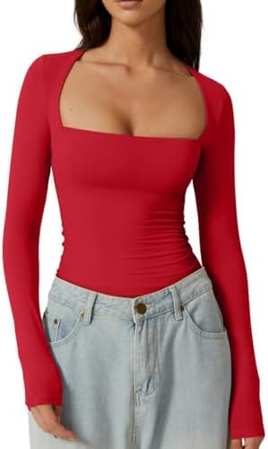 QINSEN Women's Sexy Square Neck Shirt Long Sleeve Double Lined Tees Fitted Going Out Tops | Amazon (US)