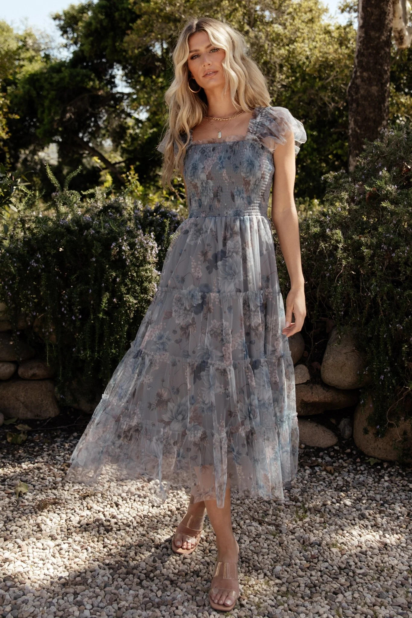 Clementine Tulle Midi Dress | Dusty Blue Floral | Baltic Born
