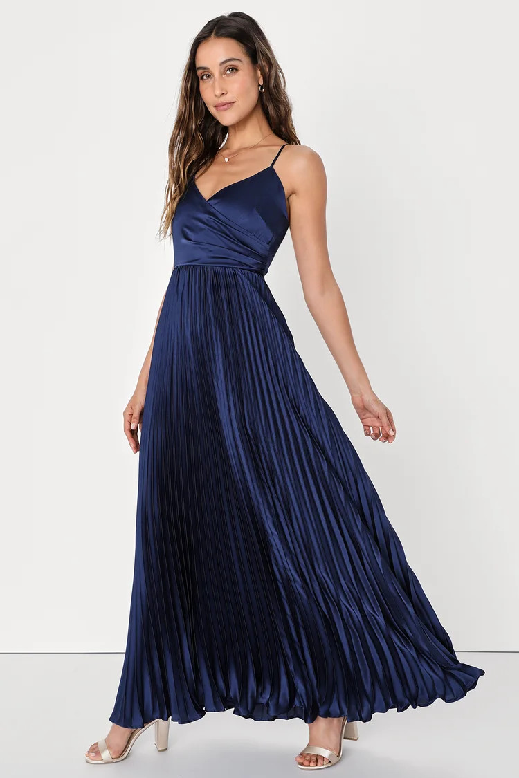 Precious Sentiments Navy Blue Satin Pleated Tie-Back Maxi Dress | Lulus (US)