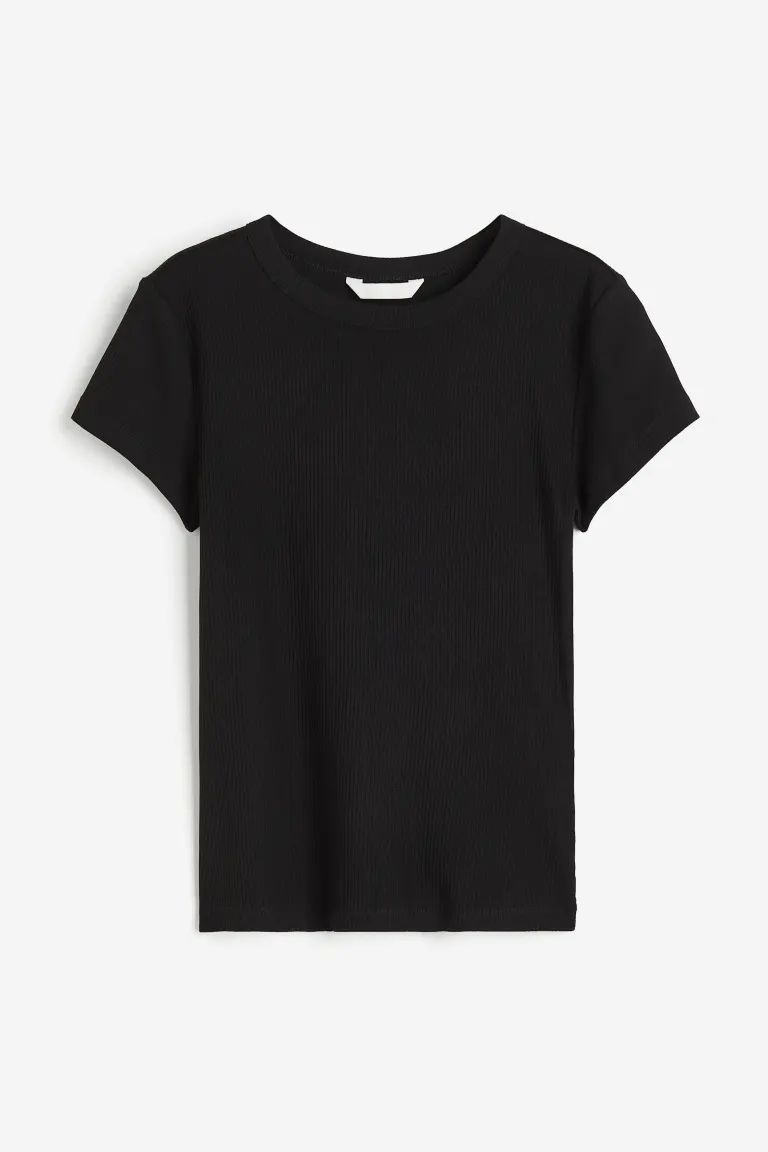 Geripptes T-Shirt - Rundausschnitt - Kurzarm - Schwarz - Ladies | H&M DE | H&M (DE, AT, CH, NL, FI)