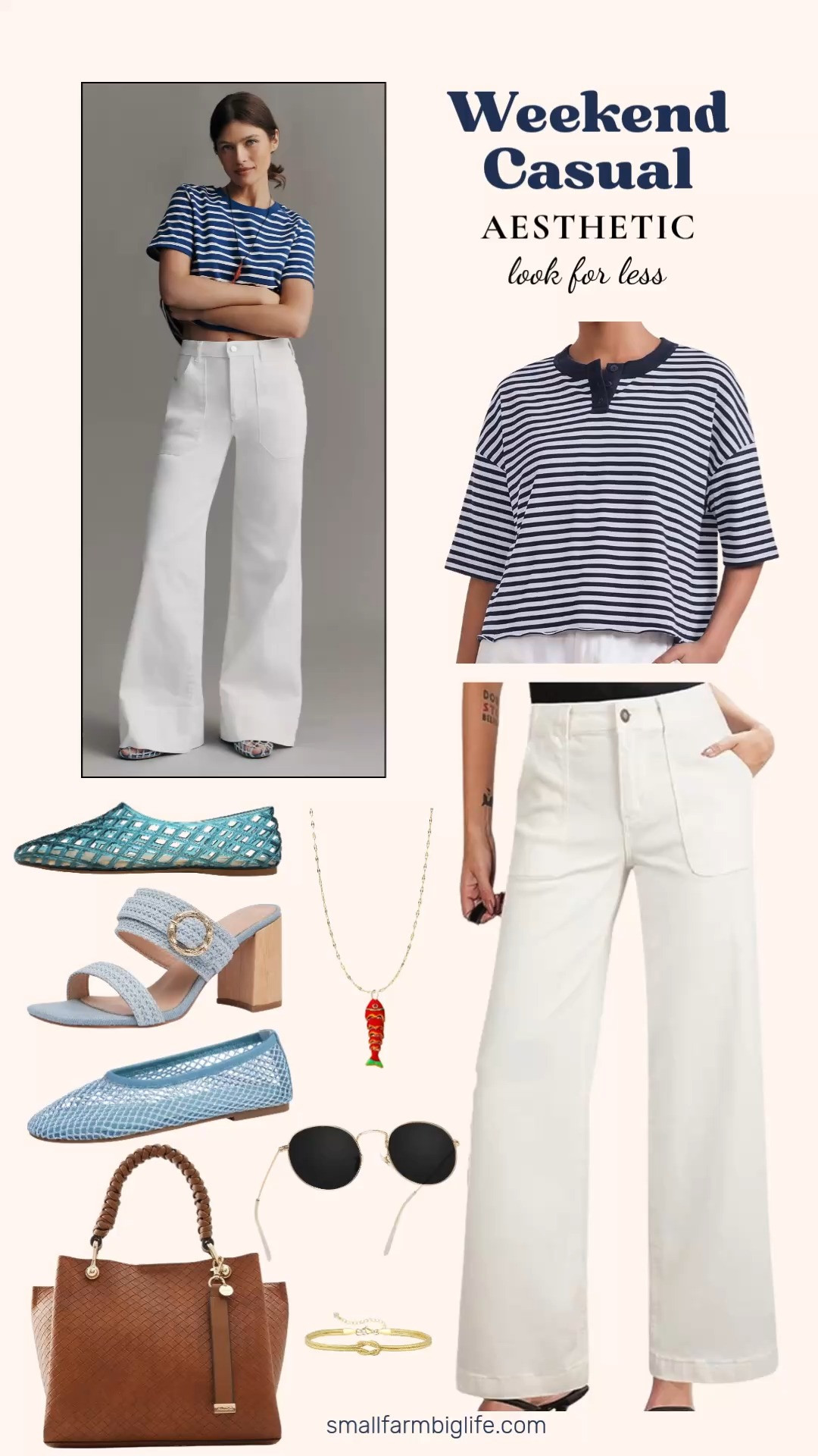 Love the weekend casual aesthetic but not the designer price tag? I found all the pieces on Amazon for so much less! From white high waisted wide leg jeans and a cropped boxy striped henley to braided heeled sandals, mesh ballet flats, jelly mesh flats, round reflective sunglasses, a beautiful cognac tote bag, a boho fish necklace, and a delicate gold knot bracelet, you can get the whole fresh and effortless summer look for a fraction of the cost. Linking everything below! 

 #LTKgrwm #LTKootd #LTKOver40