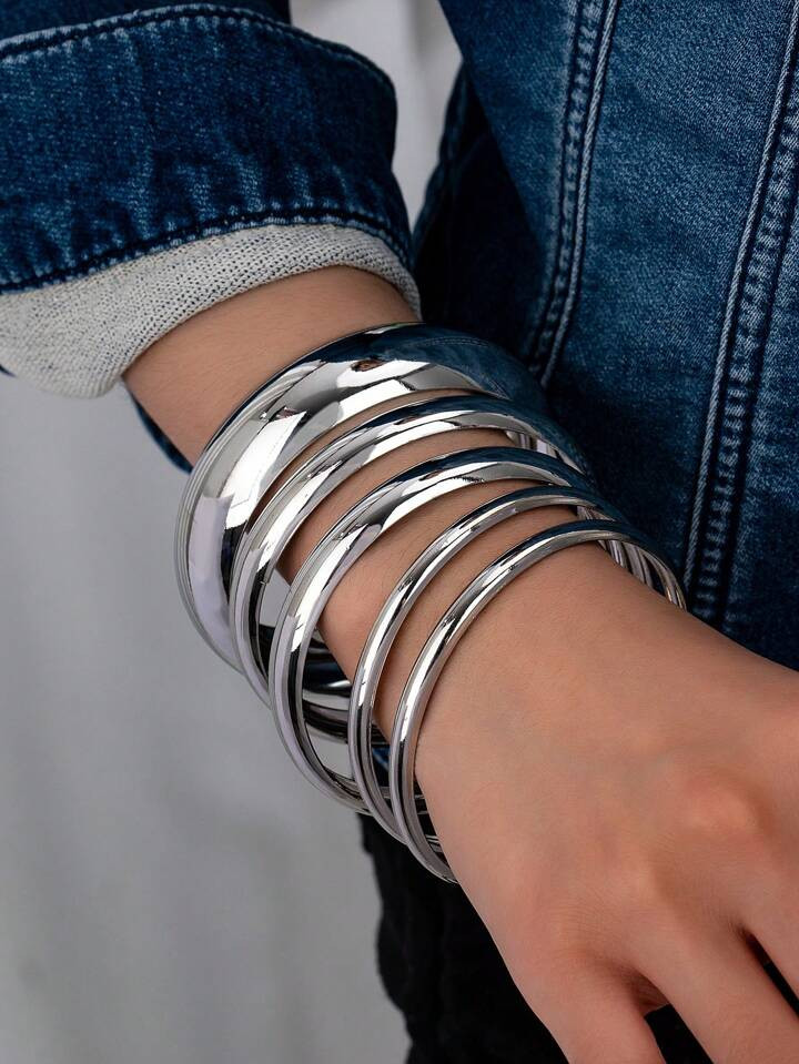 Trends5 Pcs American European Minimalist Silver Color Multi Stacked Chunky Cuff Bangles Bracelets... | SHEIN