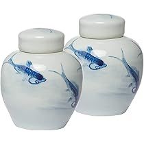 A&B Home 8" Blue & White Porcelain Koi Ginger Jar with Lid Set of 2 | Amazon (US)