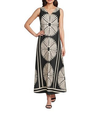 Woven Fan Print V-Neck Sleeveless A-Line Flounce Maxi Dress | Dillard's
