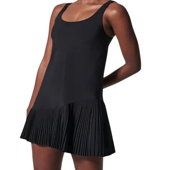 Spanx Dress Women 1X Black Tank Midi Round Neck Pleats Sports Active Bodysuit | Poshmark