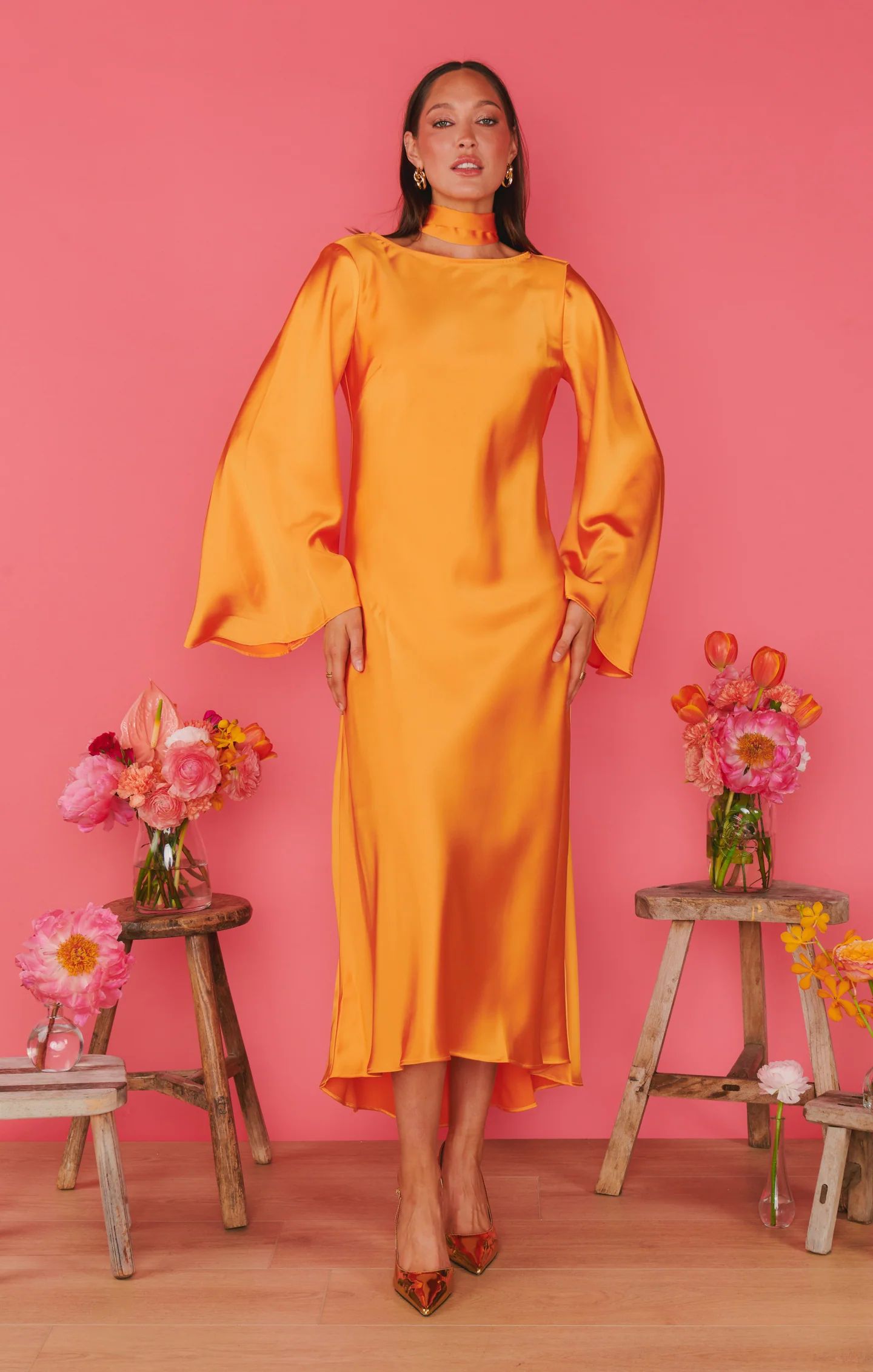 Sarah Midi Dress ~ Tangerine Fluid Satin | Show Me Your Mumu