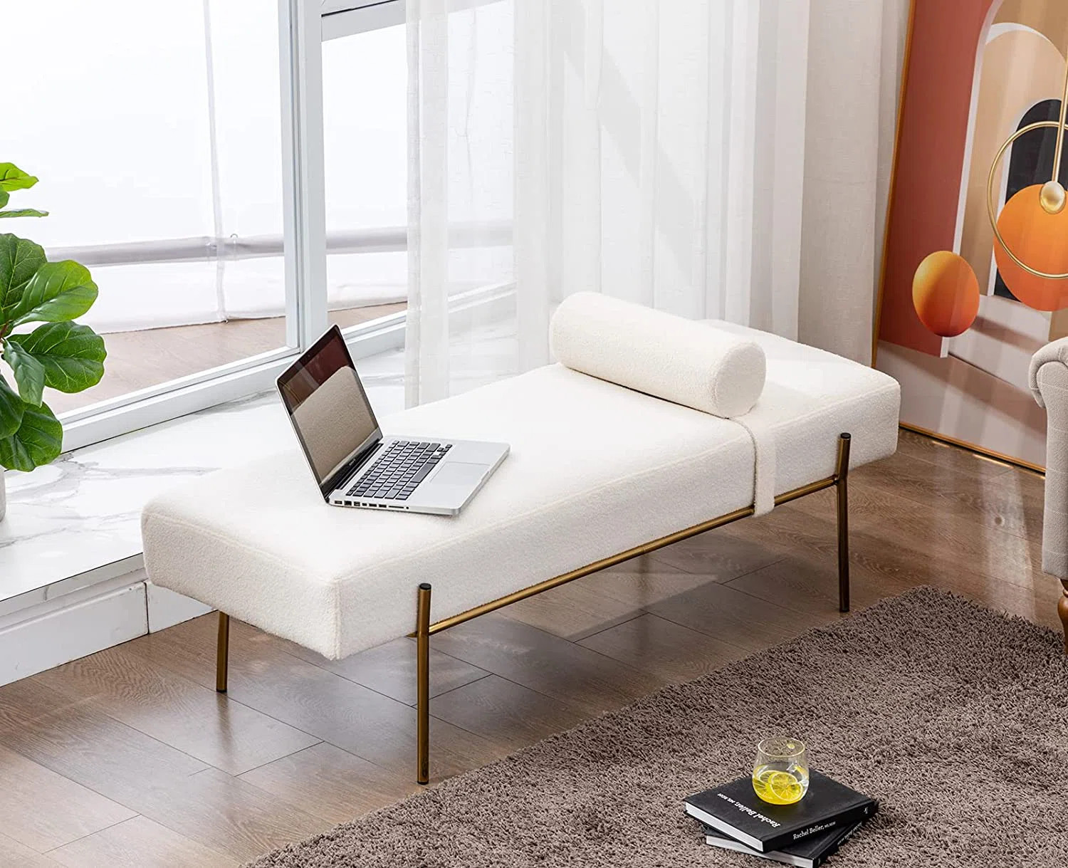 Donoven White 55" End of Bed Bench, Modern Faux Fur Upholstered Ottoman Bench Seat with Gold Legs | Wayfair North America