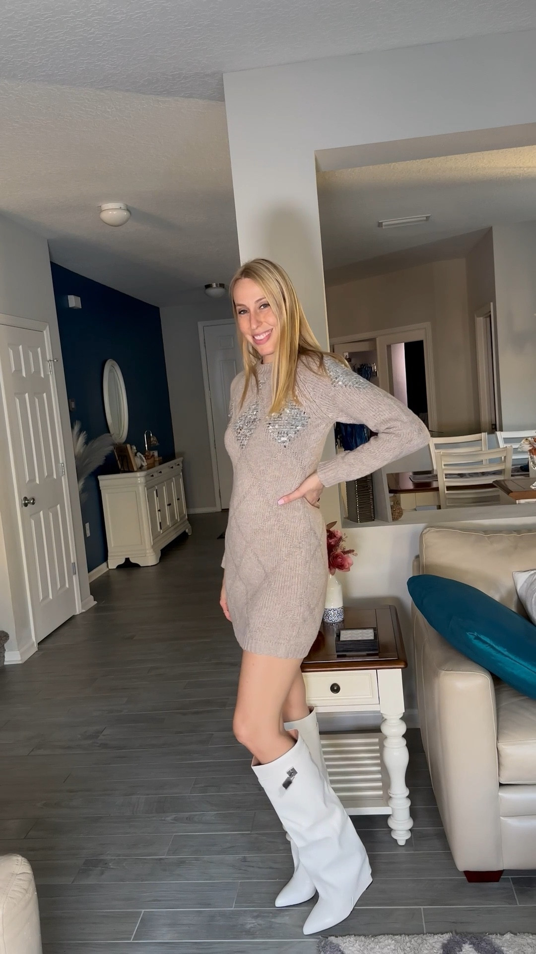 Sequin sweater dress for the holidays 
🤍 this dress is a little mini on me but it looks great with higher up boots  
🤍there is lots of stretch to it
🤍 fits true to size, wearing size small and I am 5’10”

#LTKStyleTip #LTKTall #LTKFindsUnder50