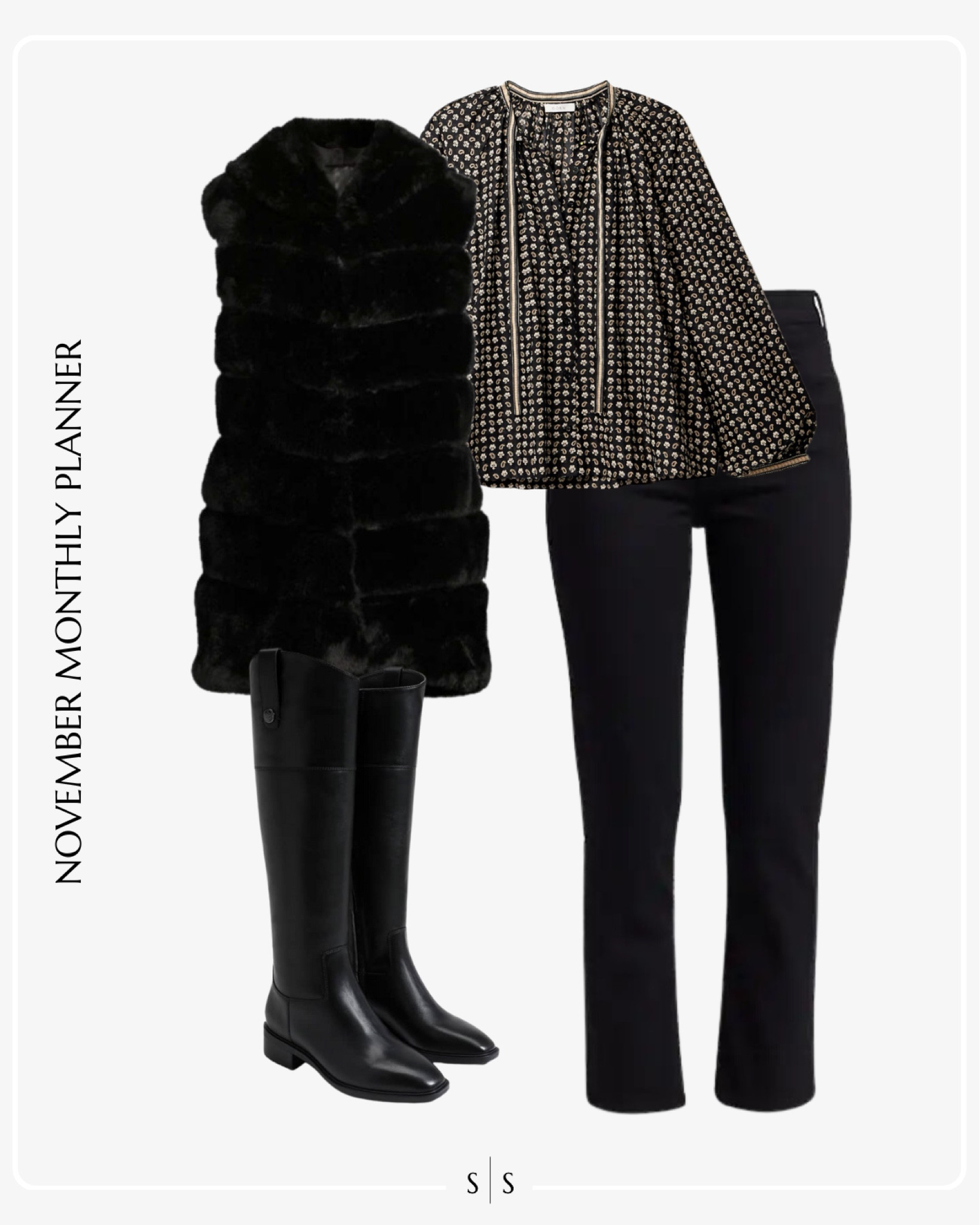 Monthly outfit planner: NOVEMBER Fall and Winter looks | printed peasant blouse, black high rise ankle jeans, faux fur vest, knee high rider boot

See the entire calendar on thesarahstories.com ✨

#LTKstyletip