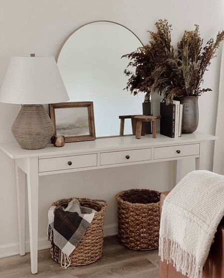 Fall decor, fall inspo, fall console table, console table decor, so come table styling, entryway decor, entryway styling, white console table, table decor, Target decor, studio McGee, wicker baskets, fall stems, gold arch mirror, wooden frame, throw blanket 

#LTKunder100 #LTKhome #LTKSeasonal