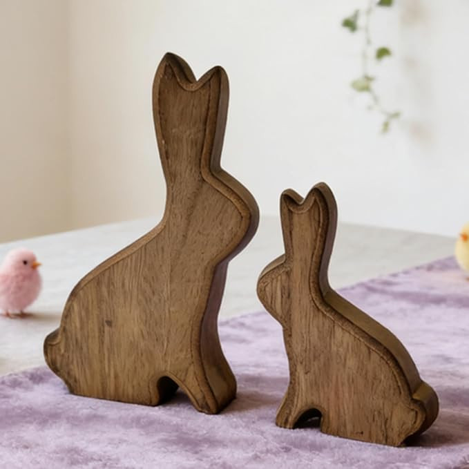 Wood Easter Bunny Decor, 2Pcs Rustic Wooden Rabbit Figurines, Natural Wooden Bunny Statues with M... | Amazon (US)