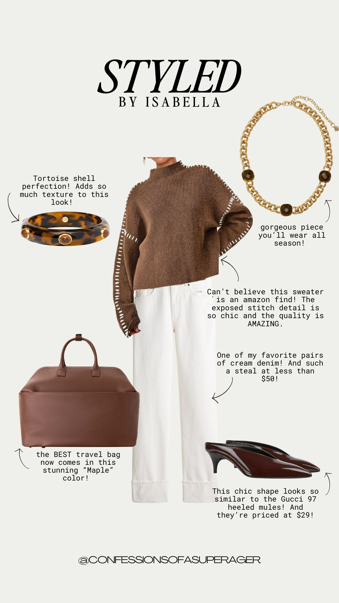 Neutral perfection 🤎✨
This outfit is all about effortless fall style staples you’ll wear on repeat. I’m obsessed with this Amazon sweater find (the exposed stitch detail looks designer), paired with my go-to cream denim under $50 and the chicest Gucci-inspired heeled mules for only $29!

Accessories make it next level: a classic tortoise shell bracelet, a timeless gold statement necklace, and the BEST travel tote bag in maple brown—so luxe and functional.

This look is perfect for everyday elevated style, fall travel outfits, or just staying chic and comfortable all season long 🍂 

 #FallOutfitIdeas #NeutralStyle #AmazonFashionFinds #LTKFallFashion #Over40Style #TravelOutfits #AffordableFashion #ChicAndEffortless #CapsuleWardrobeStaples #ConfessionsOfASuperAger #LTKSeasonal #LTKOver40 #LTKFindsUnder50