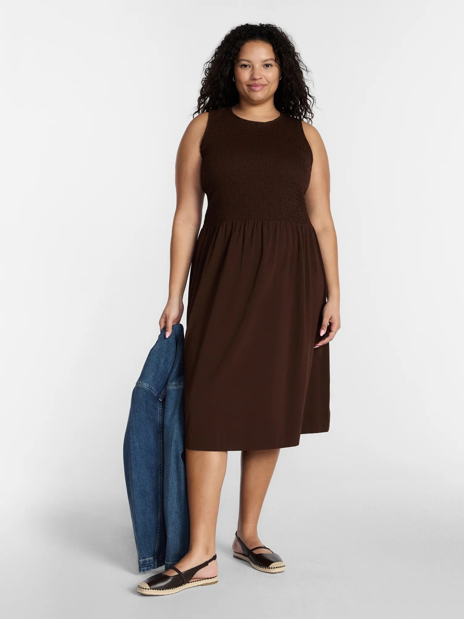 Terra & Sky Vestido Midi sin Mangas Fruncido para Mujer Talla Plus, Talla 0X-5X - Walmart.com | Walmart (US)