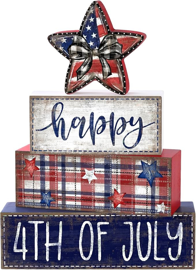 DIYDEC 4Pcs Memorial Day Table Decor 4th of July Patriotic Wood Signs Independence Tiered Tray De... | Amazon (US)