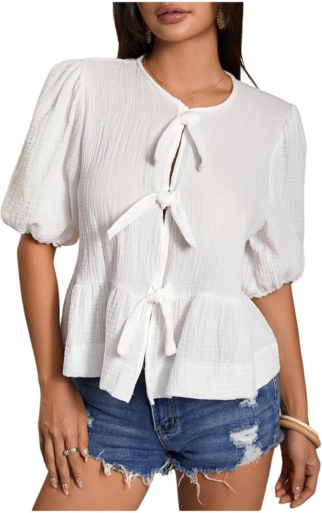 SweatyRocks Women's Bow Peplum Blouse Puff Short Sleeve Tie Front Top | Amazon (US)