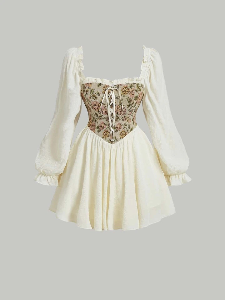 SHEIN MOD Vestido floral jacquard grommet cadarço na frente acabamento de folho | SHEIN