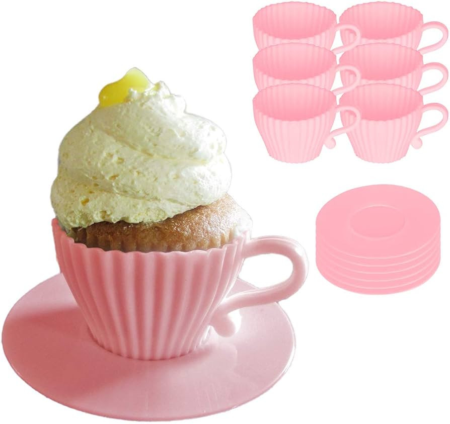 Evelots 12 Piece Set Oven Safe Silicone Mold Teacup Shaped Cupcake Baking Set (6 Cups/6 Saucers)-... | Amazon (US)
