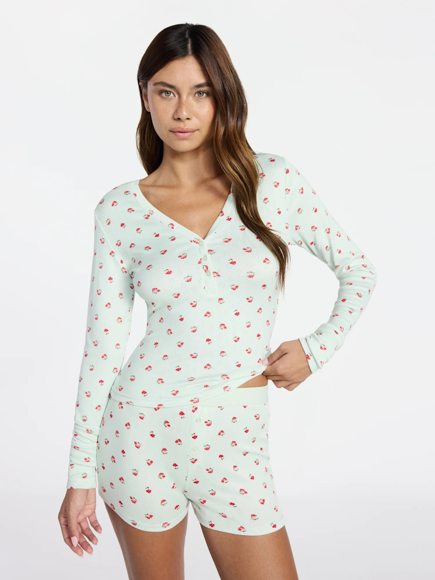 No Boundaries Giftable Long Sleeve Henley Sleep Top and Shorts Set with Socks, 3-Piece, Women’s | Walmart (US)