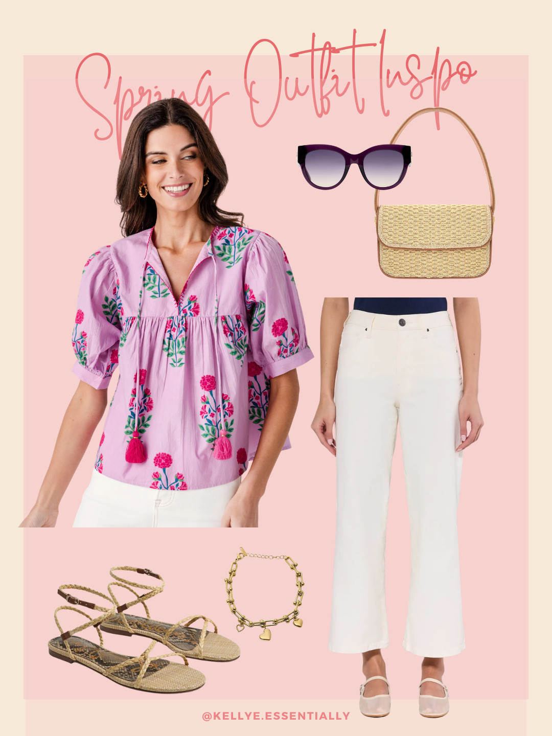 This pink floral blouse paired with white cropped off-white jeans is the perfect spring look. Add neutral sandals, a straw shoulder bag, statement sunglasses, and simple gold jewelry for an easy, breazy look.
 

 #LTKootd