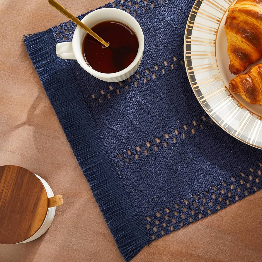 Macrame Style Boho Placemats Set of 4, Navy Blue 12x20 Inch | Amazon (US)