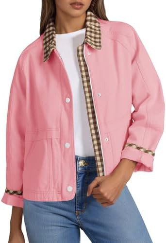 Tankaneo Womens Cropped Jacket Lightweight Casual Zip Up Barn Jackets Fall Contrast Plaid Outerwe... | Amazon (US)