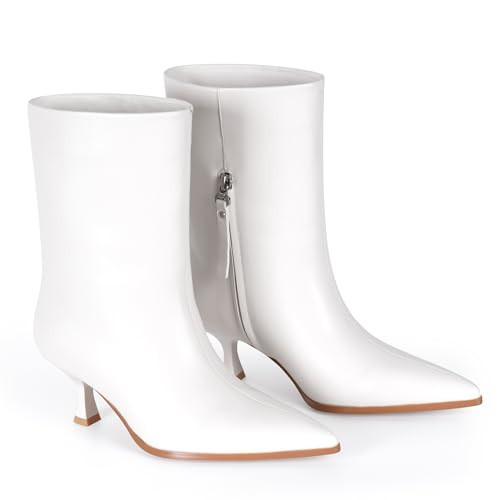 LACIKOSZ Women's Mid Calf Kitten Heel Boots – White Pointed Toe Dress Booties in Smooth Faux Leather, Elegant Minimalist Style for Fall & Winter | Amazon (US)