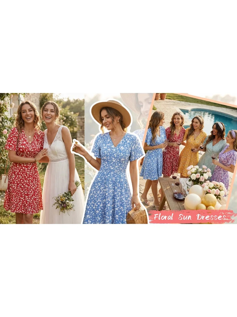 UVN Summer Dresses for Women Short Sleeve V Neck A-Line Midi Dress Boho Beach Floral Print Sundre... | Walmart (US)