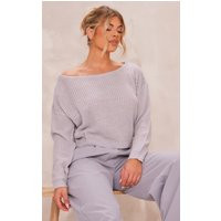 Grey Off The Shoulder Knitted Sweater | PrettyLittleThing US