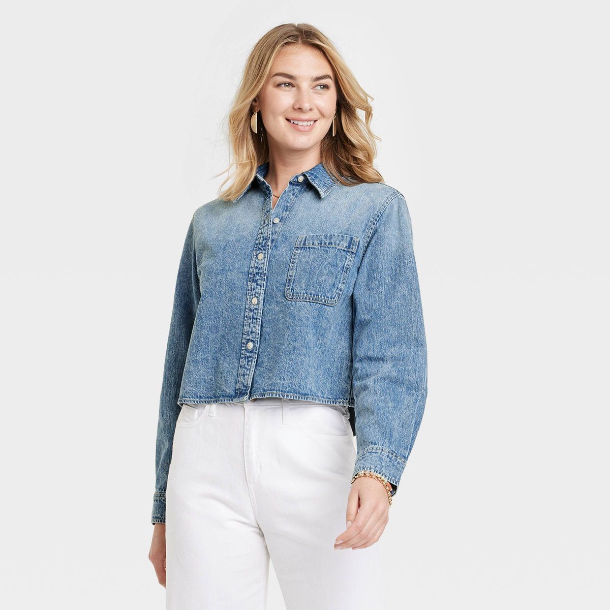 Women's Long Sleeve Button-Down Denim Cropped Shirt - Universal Thread™ Blue | Target
