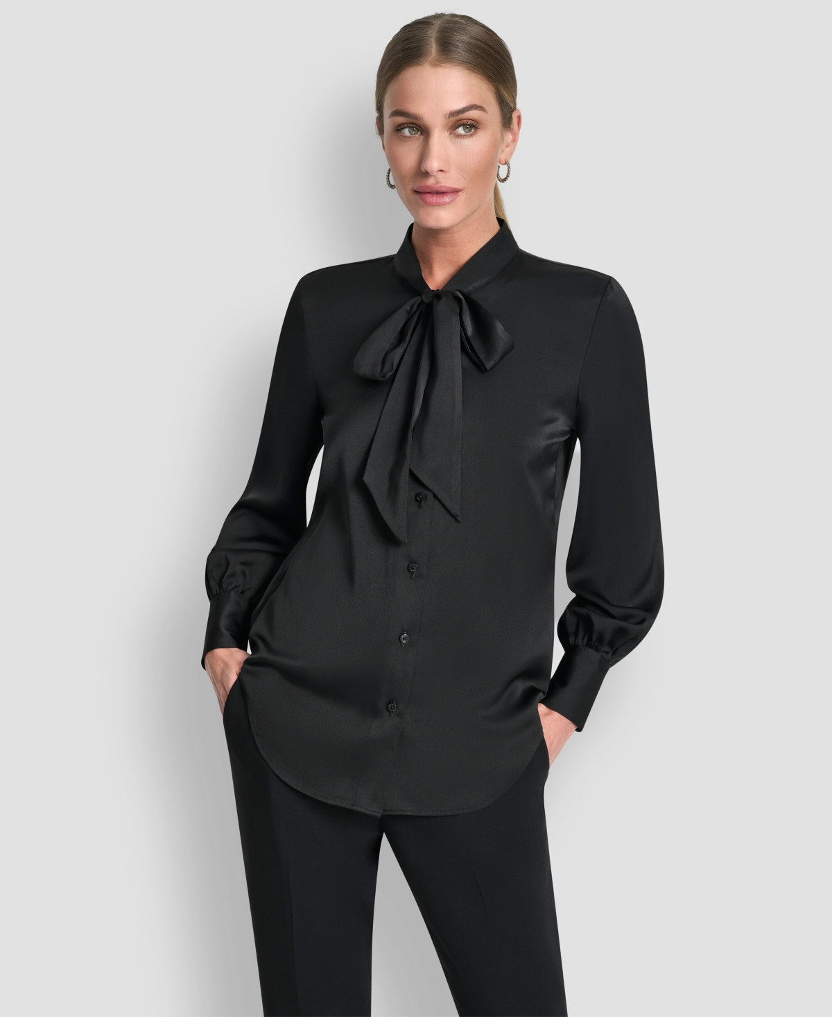 Dkny Women's Front Button Long Sleeve Blouse - Black | Macy's